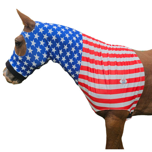 Derby Originals Patriotic Stars & Stripes Lycra Horse Sleazy Hood with Zipper, Fleece Noseband, Belly Strap – Stretch Neck Cover for Average Horses, Great for Shows & Parades.