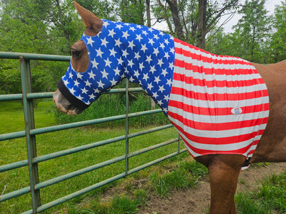 Derby Originals Patriotic Stars & Stripes Lycra Horse Sleazy Hood with Zipper, Fleece Noseband, Belly Strap – Stretch Neck Cover for Average Horses, Great for Shows & Parades.