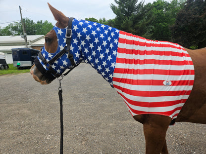 Derby Originals Patriotic Stars & Stripes Lycra Horse Sleazy Hood with Zipper, Fleece Noseband, Belly Strap – Stretch Neck Cover for Average Horses, Great for Shows & Parades.