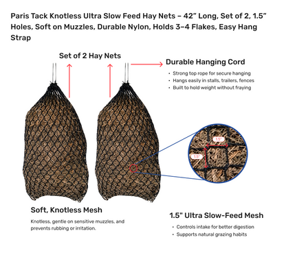 Derby Originals Paris Tack Knotless Ultra Slow Feed Hay Nets – 42” Long, Set of 2, 1.5” Holes, Soft on Muzzles, Durable Nylon, Holds 3–4 Flakes, Easy Hang Strap