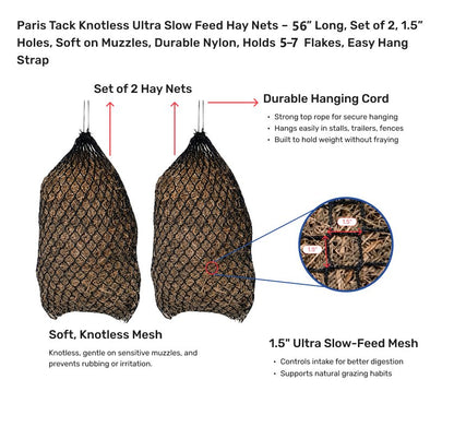Paris Tack Knotless Ultra Slow Feed Hay Nets – 56” Long, Set of 2, 1.5” Holes, Soft on Muzzles, Durable Nylon, Holds 5-7 Flakes, Easy Hang Strap