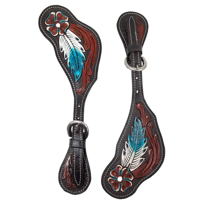 Tahoe Hand Tooled Leather Western Spur Straps with  with Feather and Flower Design Unisex Pair