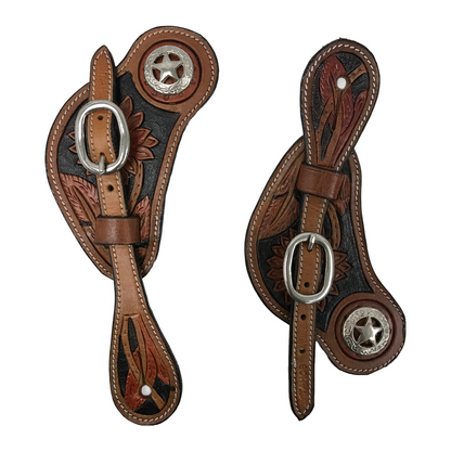 Tahoe Tack Filigree Flower Hand Tooled Western Spur Straps with Star Concho Leather Unisex Pair