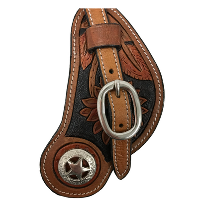 Tahoe Tack Filigree Flower Hand Tooled Western Spur Straps with Star Concho Leather Unisex Pair