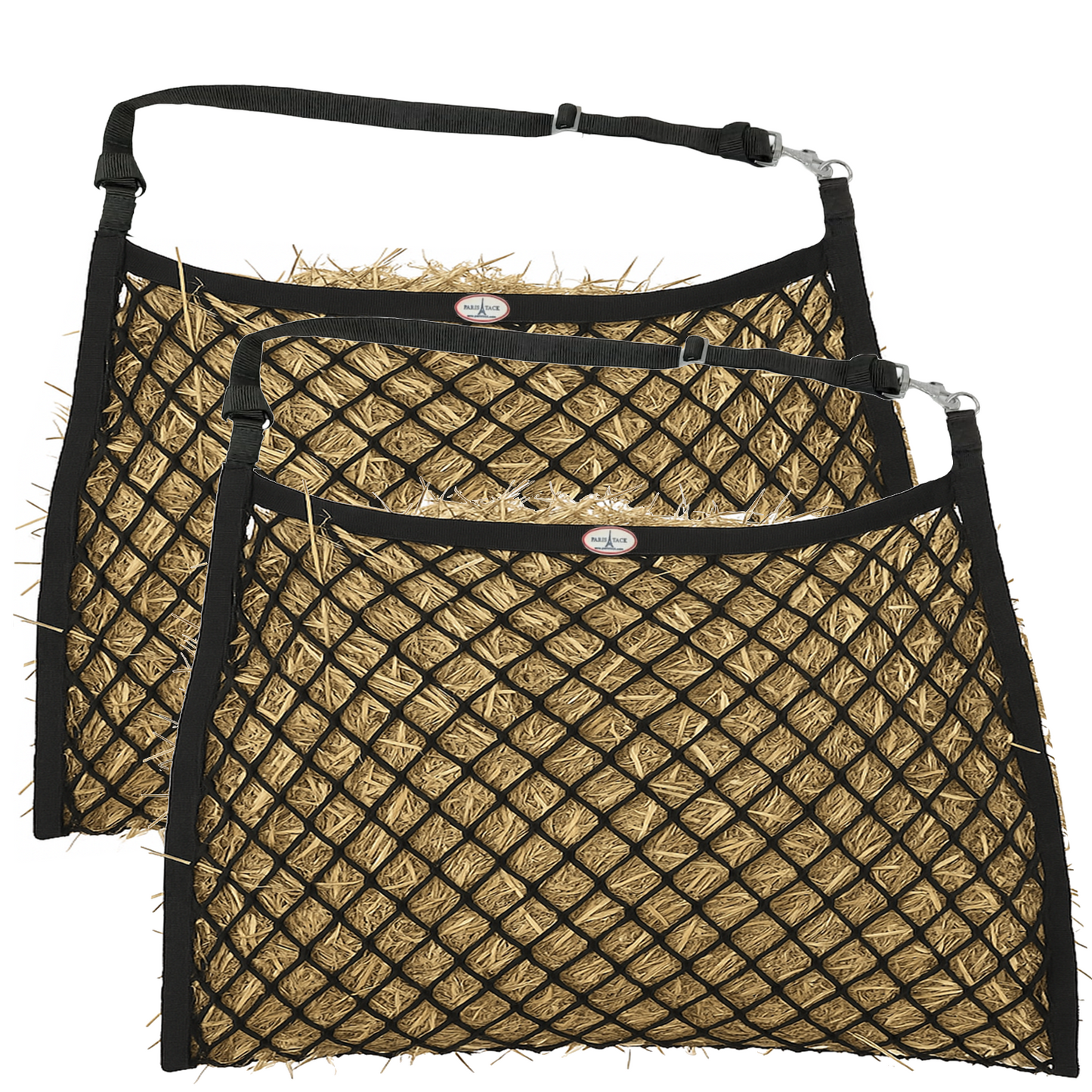 Derby Originals Paris Tack Knotless Ultra Slow Feed Hay Nets – Set of 2, 1.5" Openings, 24"x30", Soft on Muzzles, Adjustable Hanging Strap with Snap, Holds 2 Flakes Each