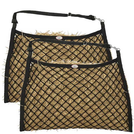 Paris Tack Knotless Ultra Slow Feed Hay Nets – Set of 2, 1.5" Openings, 24"x30", Soft on Muzzles, Adjustable Hanging Strap with Snap, Holds 2 Flakes Each