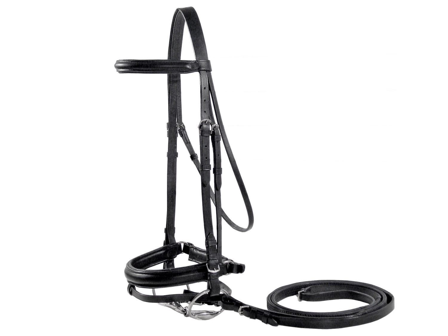 Paris Tack Black Leather Dressage Crank Horse Bridle with Flash and Rubber Reins