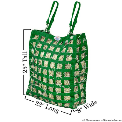 Size chart for green four sided hay bag.