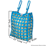 Size chart for Petroleum blue four sided hay bag.