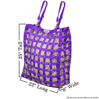 Size chart for purple four sided hay bag.