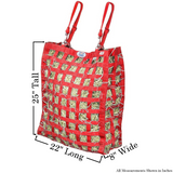 Size chart for red four sided hay bag.