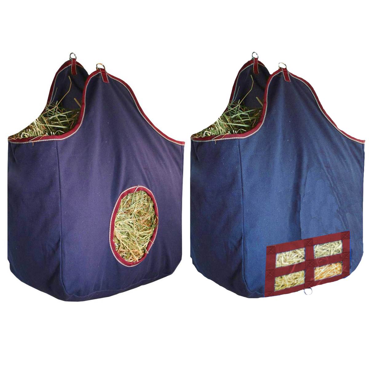 Double sided horse hay bag with ripstop construction