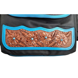 Tahoe Tack Turquoise Flower 1680D Nylon Western Saddlebags with Hand Tooled Leather Accents and 2 Year Warranty
