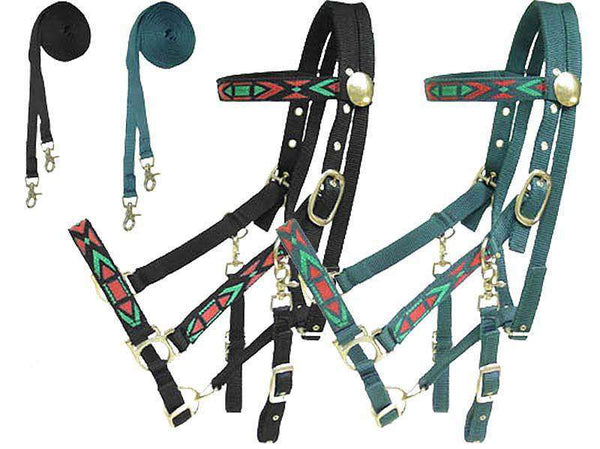 Derby Padded Nylon Halter Bridle Combo with Reins Aztec Overlay - Tack Wholesale