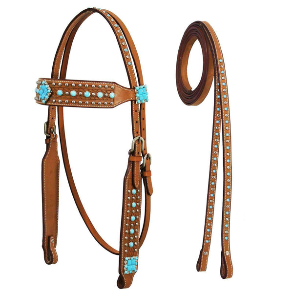 Tahoe Turquoise Collection Western Headstall with Split Reins - Tack Wholesale