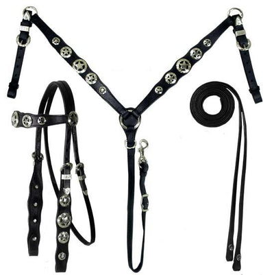 Tahoe Tack Patriotic Gold Star Concho Leather Western  Headstall, Breast Collar, and Reins Set - Draft