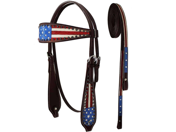 Tahoe Patriotic American Flag Browband Headstall with Reins - Tack Wholesale