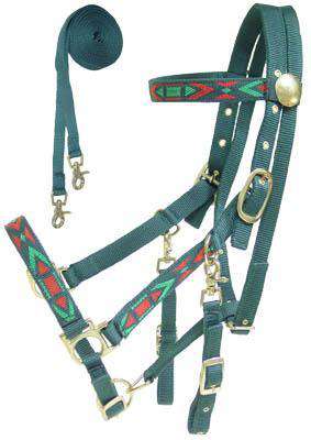 Derby Padded Nylon Halter Bridle Combo with Reins Aztec Overlay - Tack Wholesale